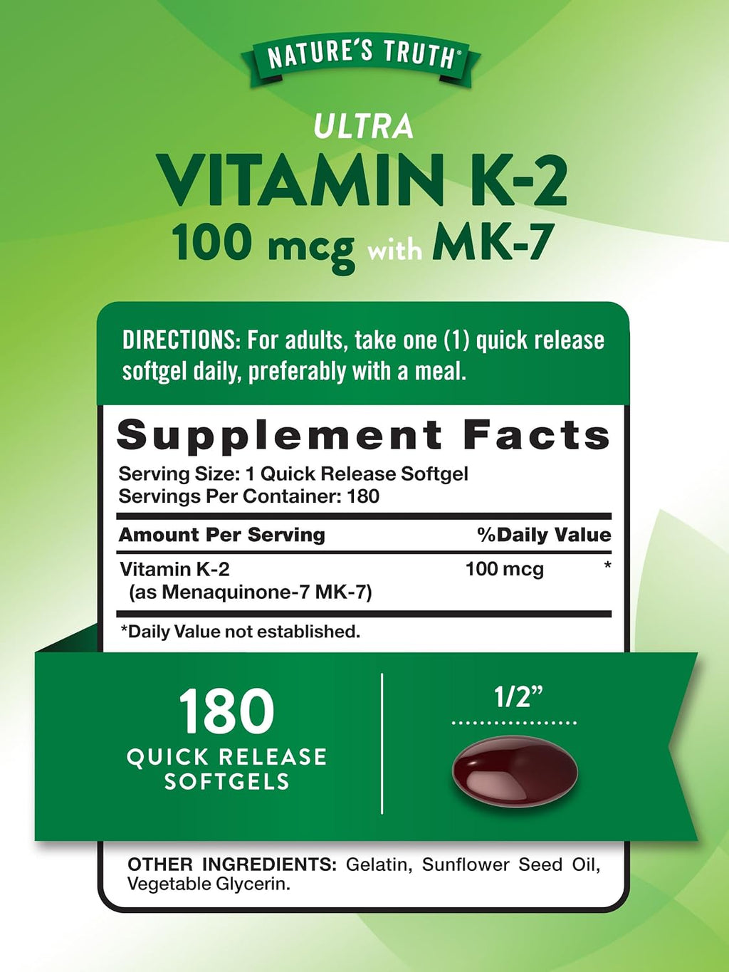 Nature's Truth Vitamina K2 MK-7 | 100 mcg | 180 Cápsulas Blandas | No-GMO y Sin Gluten