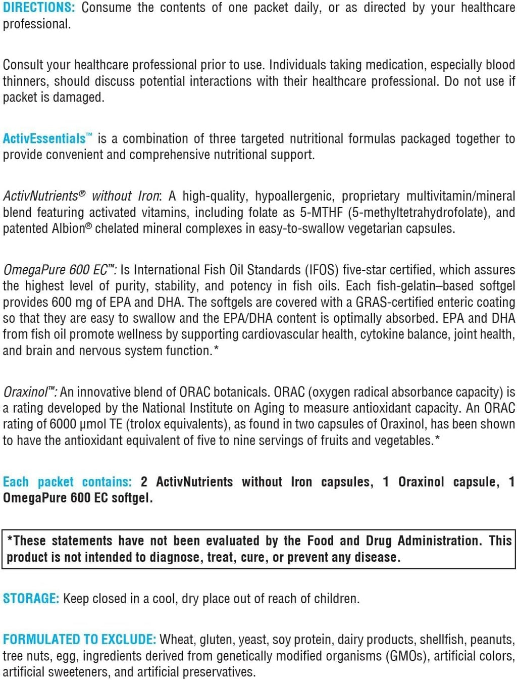 XYMOGEN ActivEssentials - Iron-Free Multivitamin with Omega-3 and Calcium - 60 Daily Packets