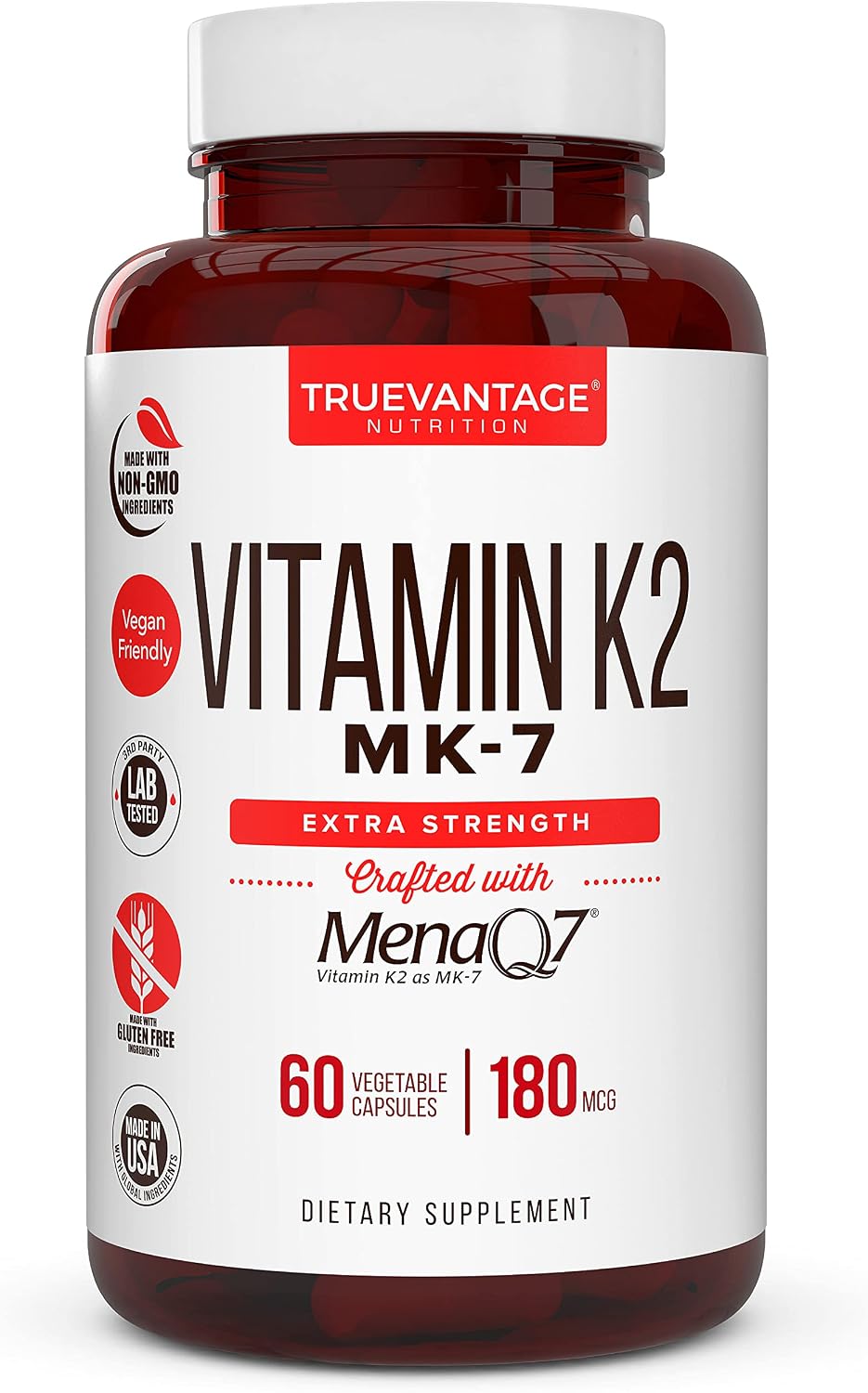 Vitamin K2 MK-7 Supplement 180 mcg - MenaQ7 for Bone and Cardiovascular Health - 60 Vegetable Capsules