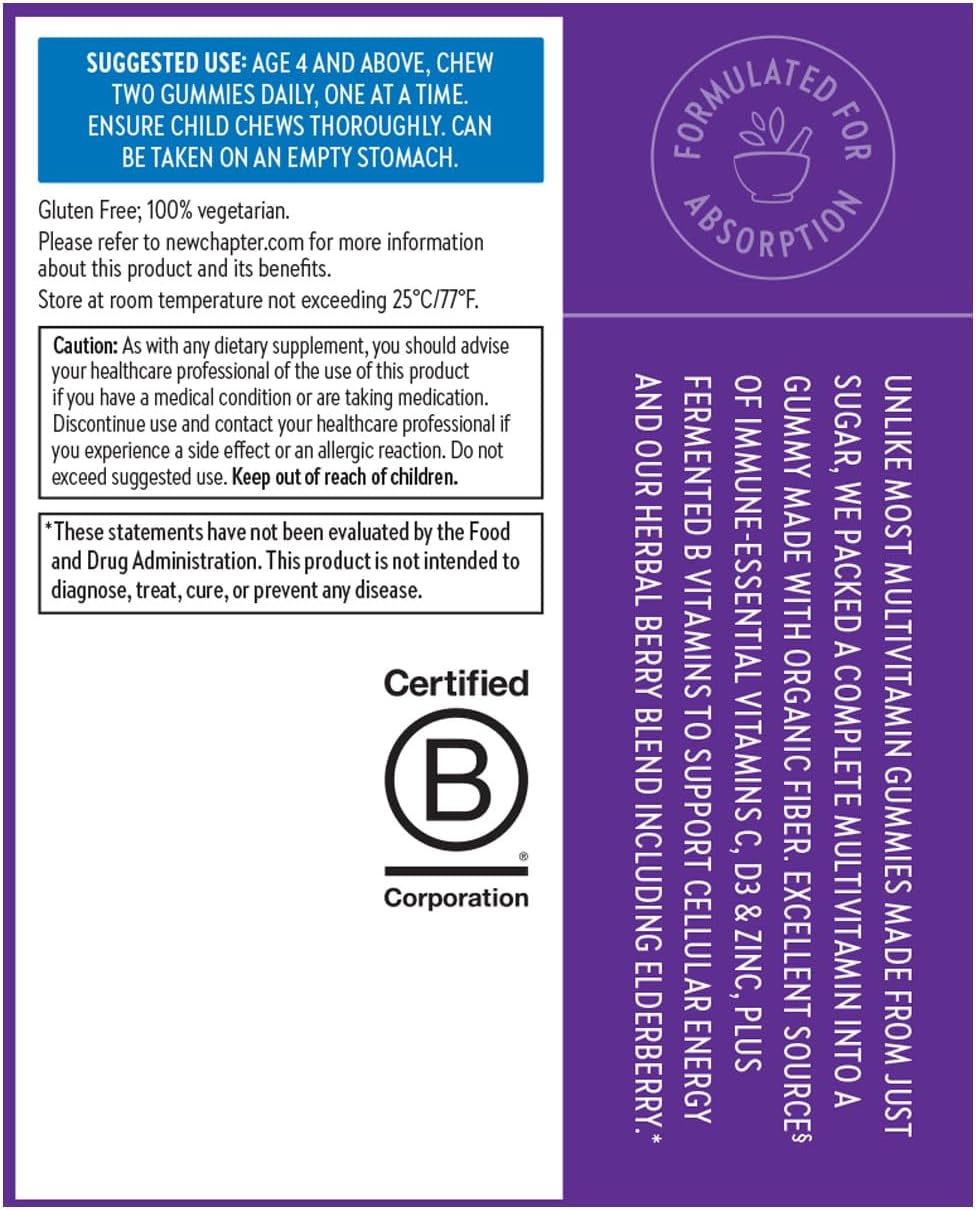New Chapter Kids Multivitamin Gummies - 65% Menos Azúcar, Gomitas Multivitamínicas para Niños con Vitaminas C, D3 y Zinc, No GMO, Sin Gluten, Sabor Baya-Cítrica, 60 unidades