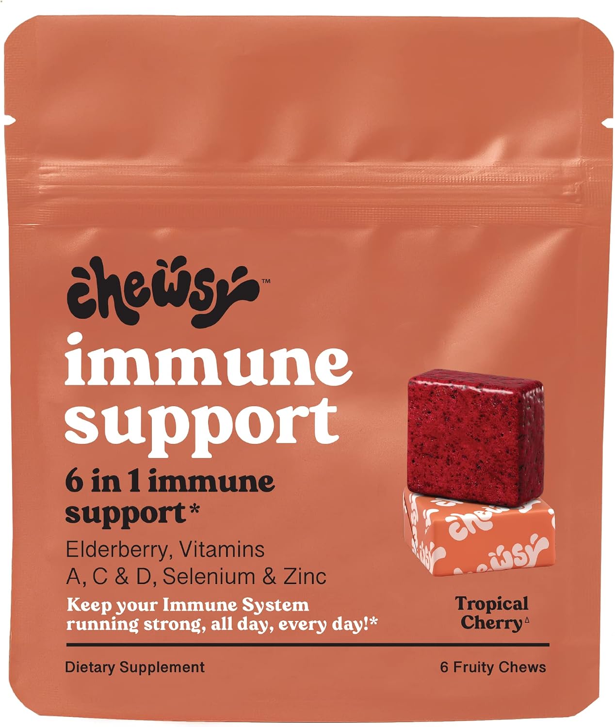Chewsy - 6 en 1 Apoyo Inmunológico con Saúco, Vitaminas C, A y D, Zinc y Selenio - Caramelos de Fruta Individualmente Envueltos - 6 Días