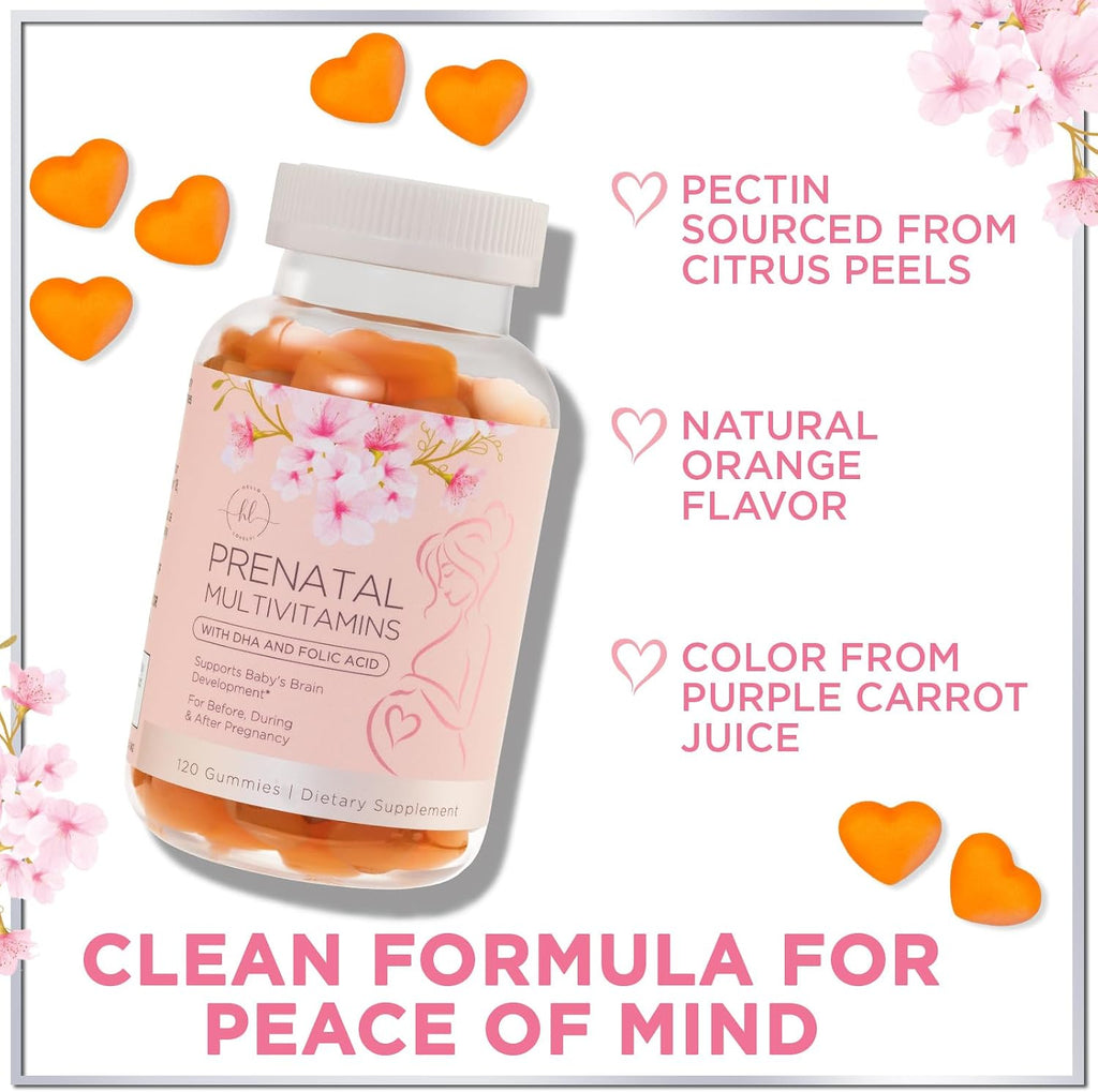 Vitaminas Prenatales para Mujeres – Multivitamínico Completo para el Embarazo – Ácido Fólico, Omega 3 DHA, Colina, Vitamina D – Sabor Naranja – 120 Gominolas