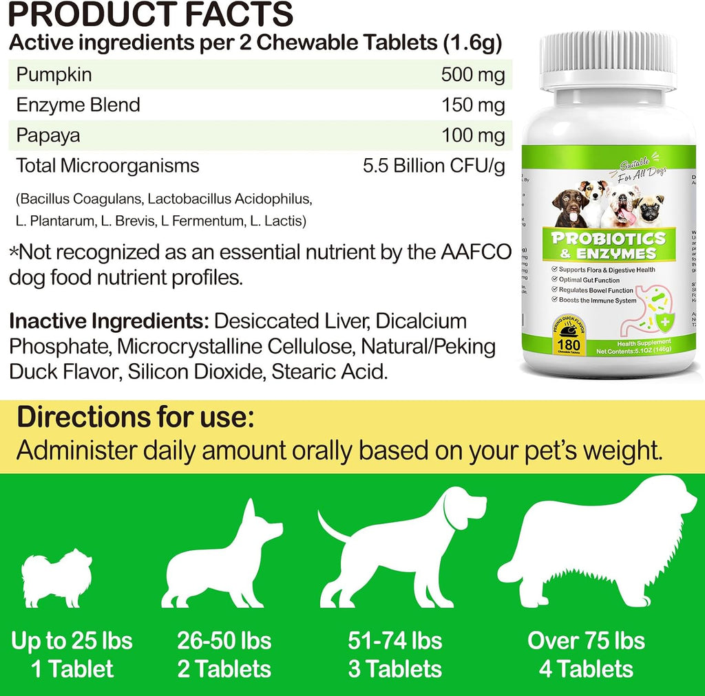FSLHCY Probióticos para Perros, 180 Masticables con Enzimas Digestivas y Prebióticos - Sabor a Pato de Pekín