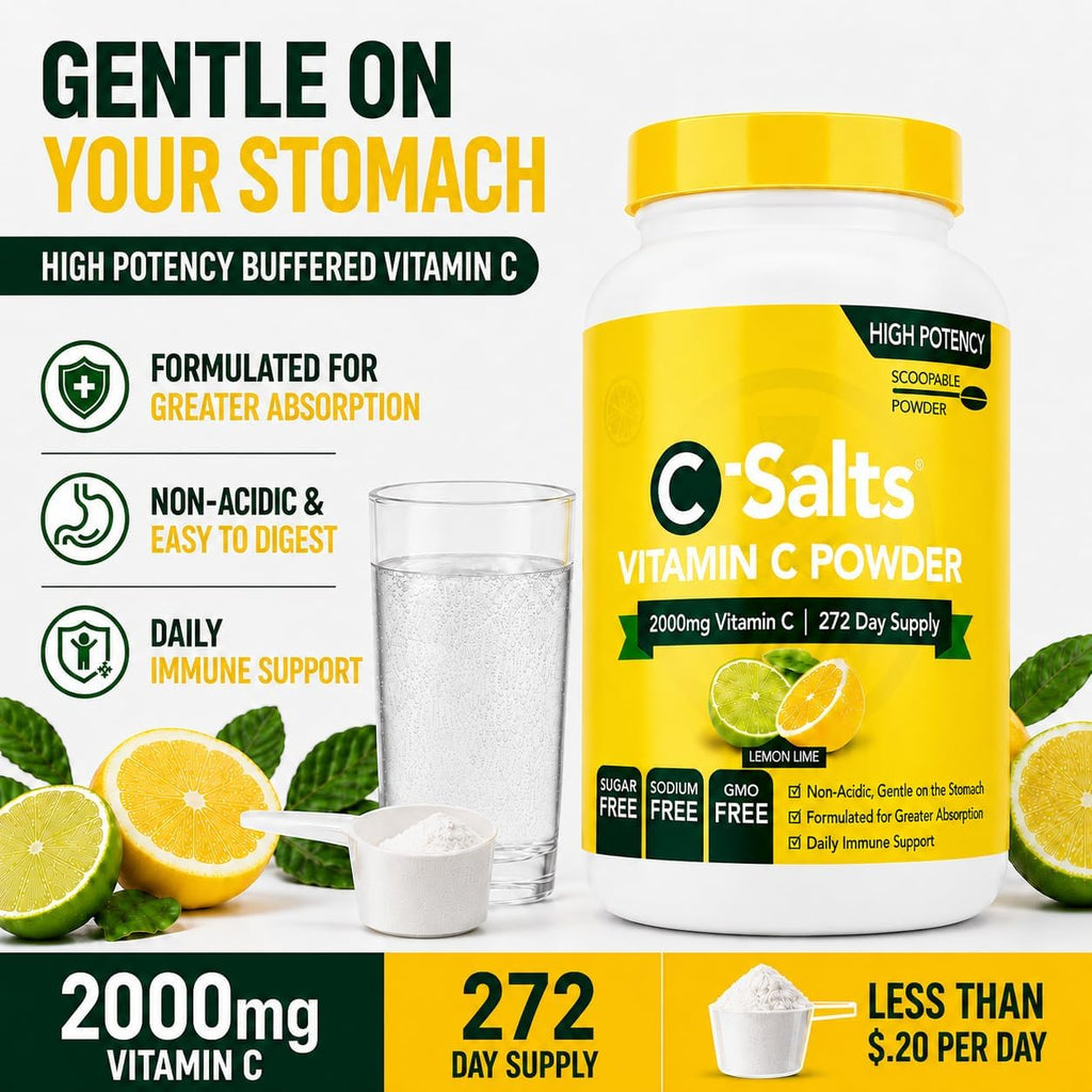 C-Salts Vitamina C en Polvo Tamponada - 4000 mg por Ración, Fórmula Suave, Orgánica, Vegana, Sin Azúcar - 272 Raciones Sabor Limón Lima, 735 g