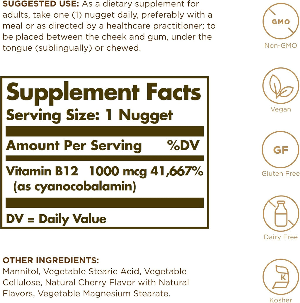 Solgar Vitamina B12 Sublingual 1000 mcg - 100 Nuggets - Vegano, Sin Gluten, Sin Lácteos