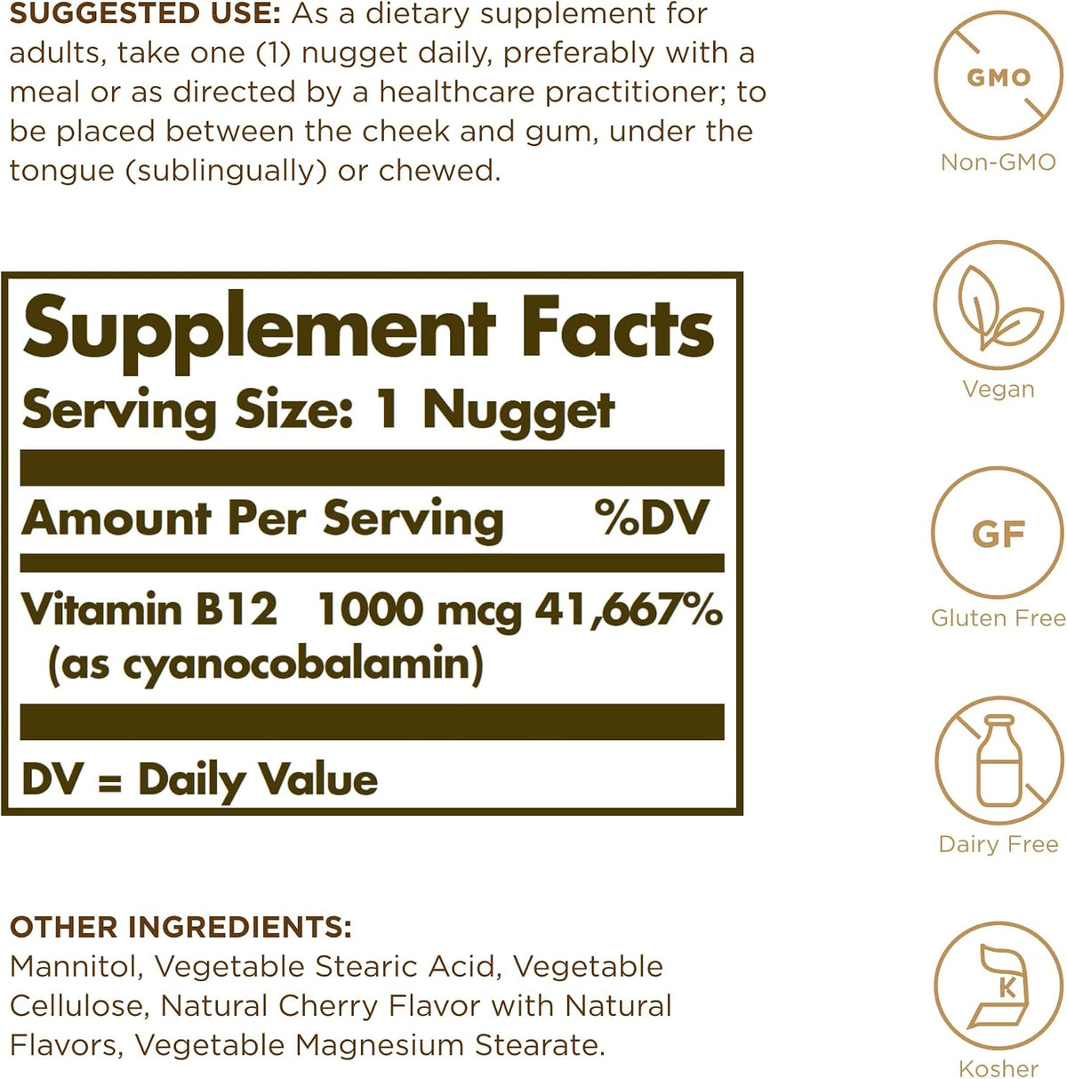 Vitamin B-12 1000mcg Solgar 100 Nuggets – Favorece el funcionamiento normal del sistema nervioso: Es esencial para – Image 2