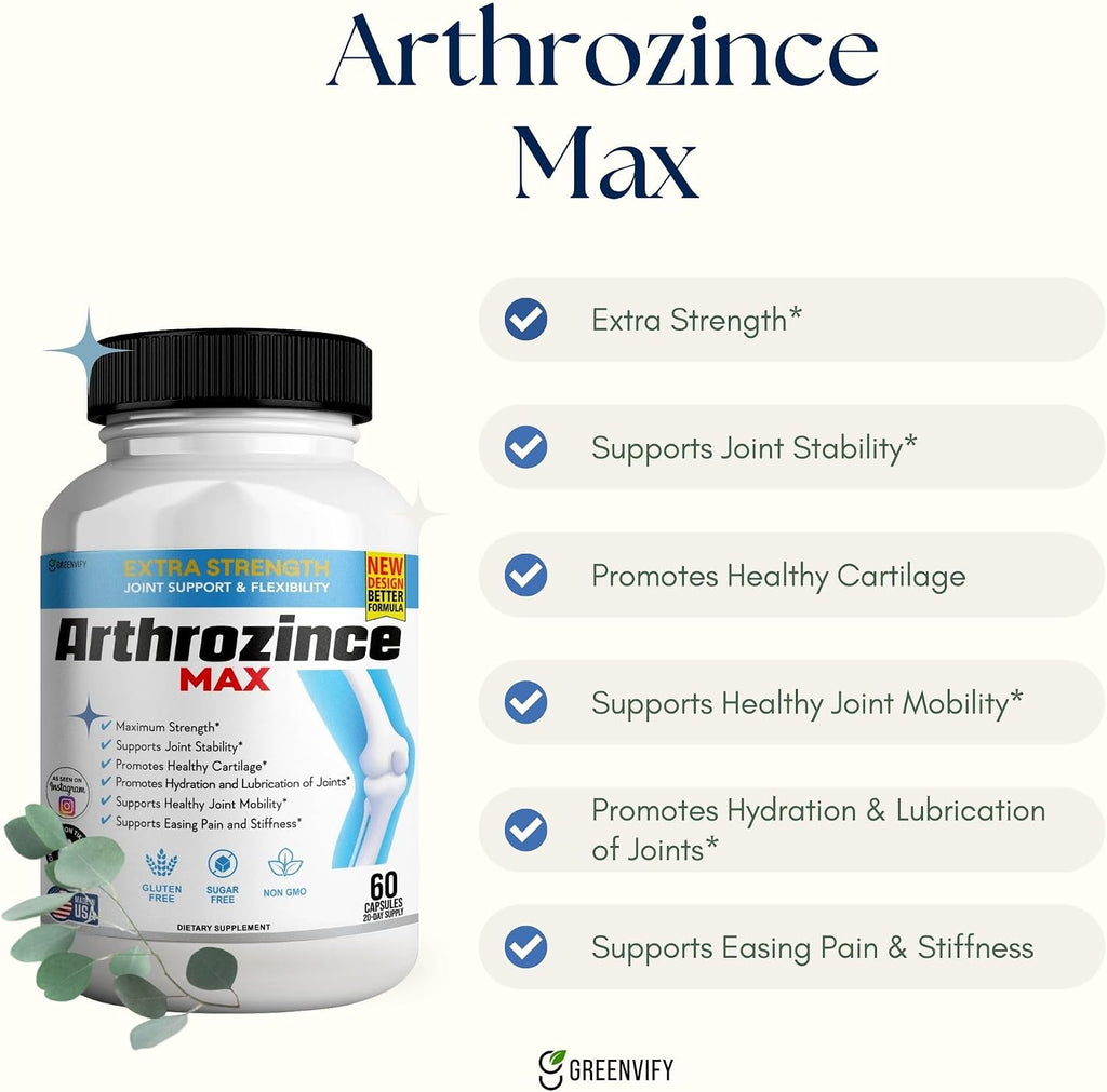 Arthrozince Max Extra Strength Joint Support – Glucosamine, Chondroitin, MSM, Boswellia, Turmeric – 60 Cápsulas