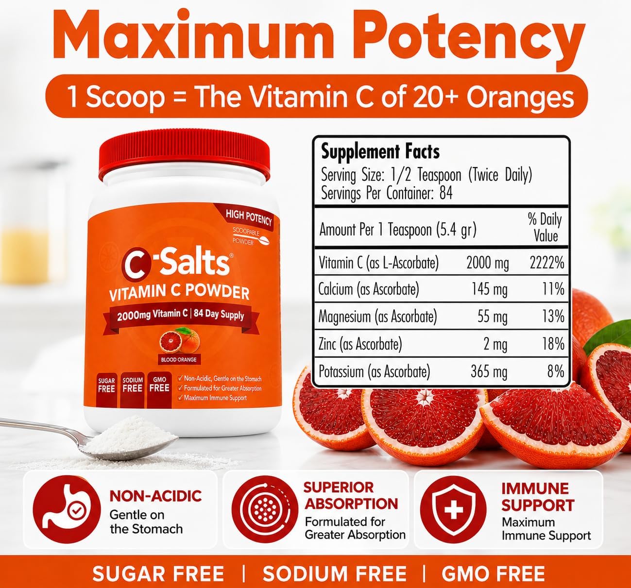 C-Salts Vitamina C en Polvo Tamponada - Sabor Naranja Sangre, 26 oz (735 g) - 272 Servicios