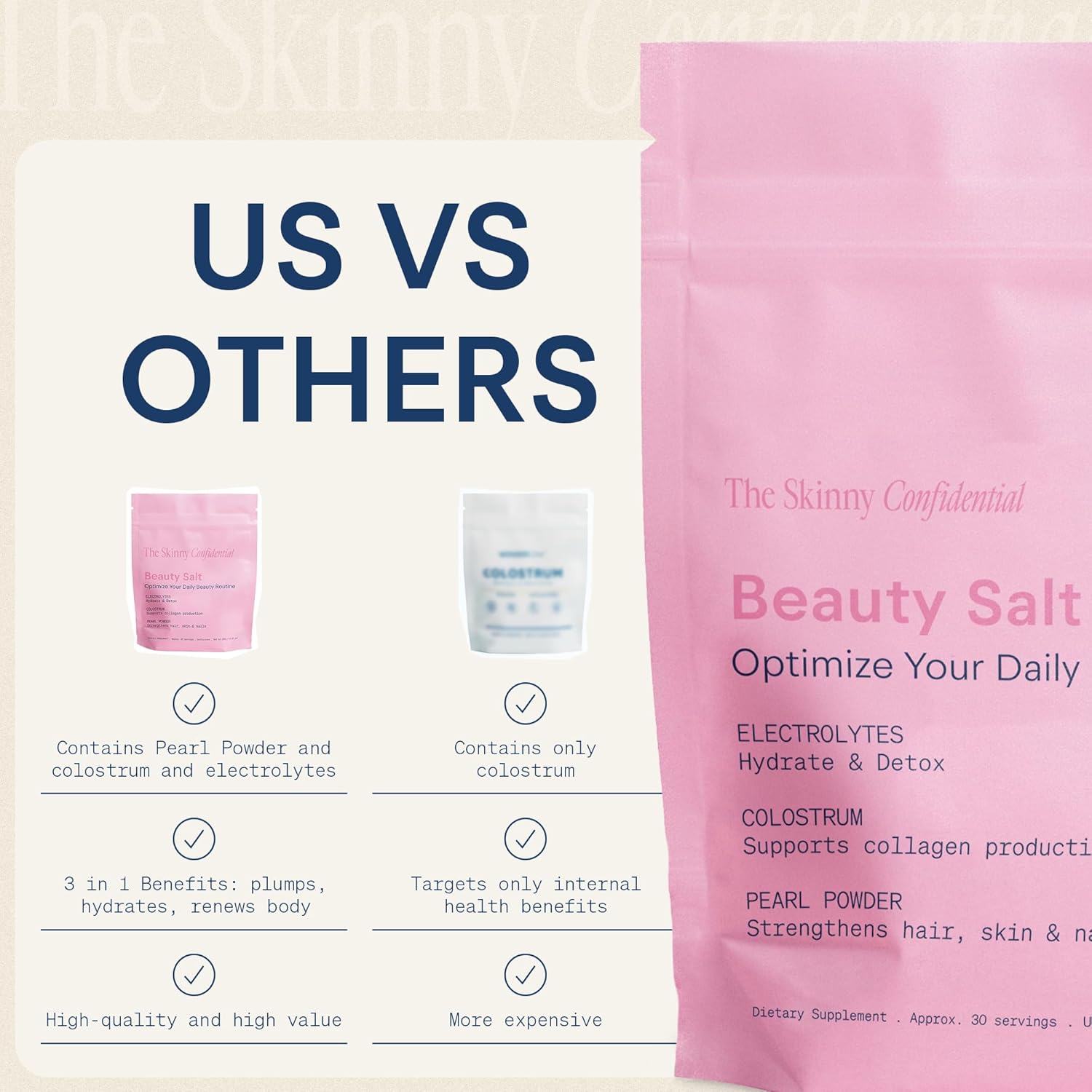 The Skinny Confidential Beauty Salt - Polvo de Hidratación con Colostrum, Electrolitos y Perla