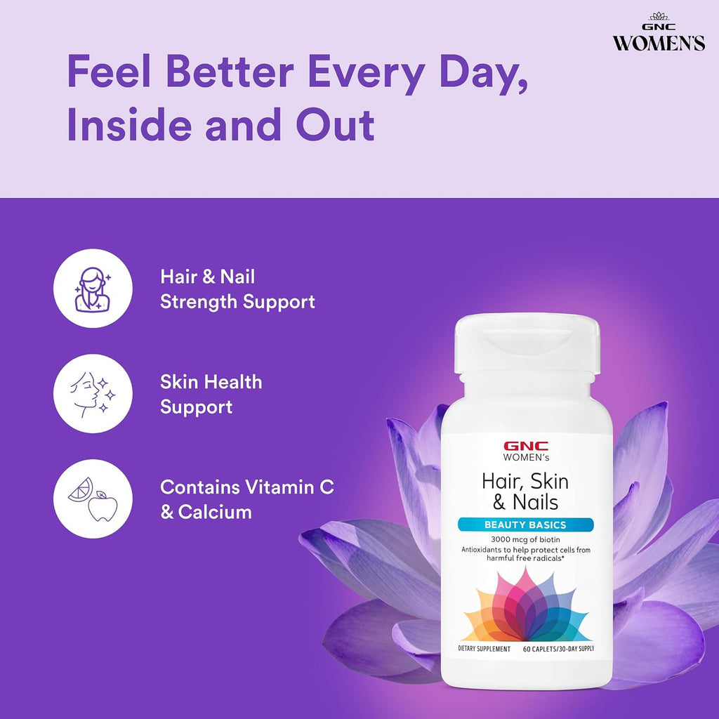 GNC Women's Hair, Skin & Nails - Complejo multivitamínico para mujer con Biotina, Ácido Hialurónico, Vitaminas C y E - 60 comprimidos