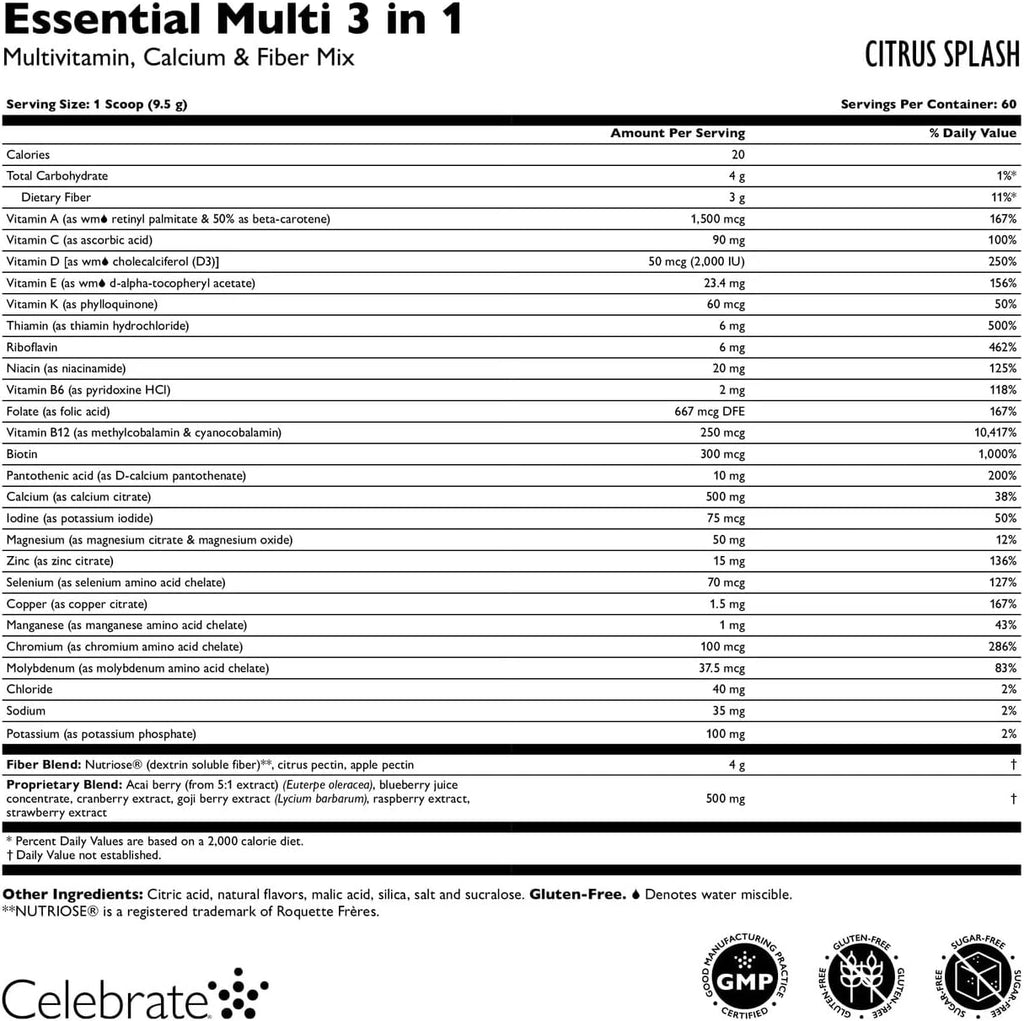 Celebrate Vitamins 3-in-1 Multivitamínico Bariátrico con Citrato de Calcio - Mezcla en Polvo para Beber - Sabor Cítricos - 60 Porciones
