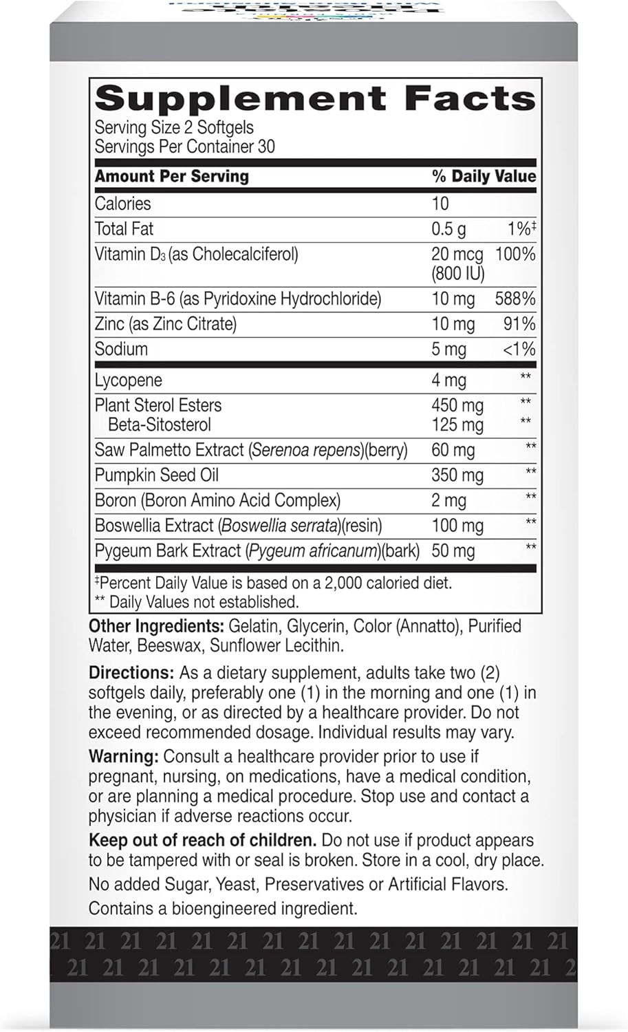 21st Century Suplemento para la Salud de la Próstata para Hombres, Saw Palmetto, Beta-Sitosterol 125 mg, Pygeum, Aceite de Semilla de Calabaza, con Vitamina D3, B6 y Zinc, Sin Gluten, 60 Cápsulas Blandas