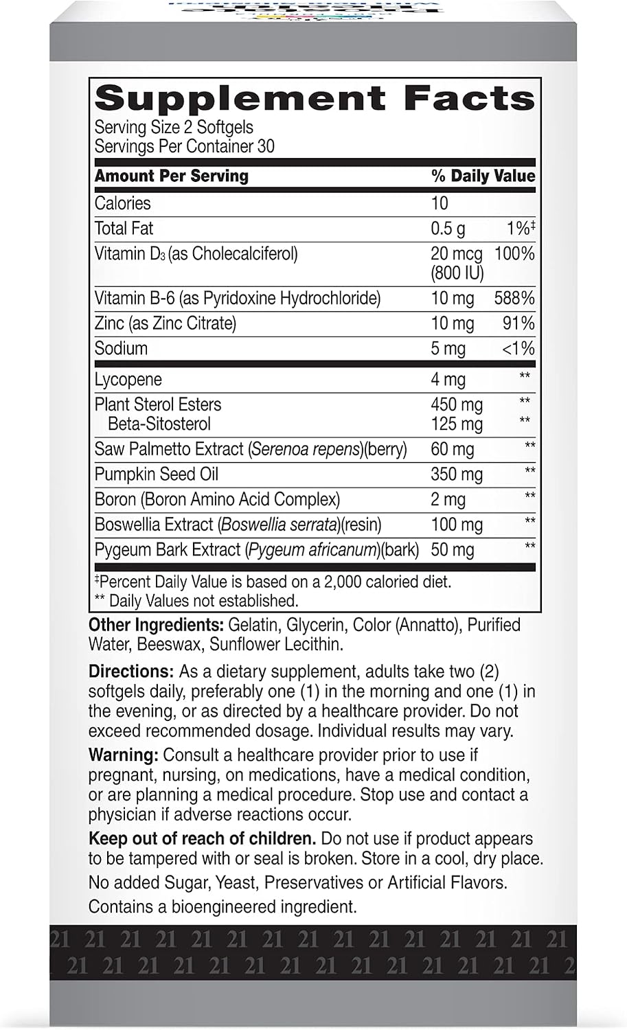 21st Century Suplemento para la Salud Prostática - Saw Palmetto, Beta-Sitosterol 125mg, Pygeum, Zinc y Vitaminas, 60 Cápsulas Blandas