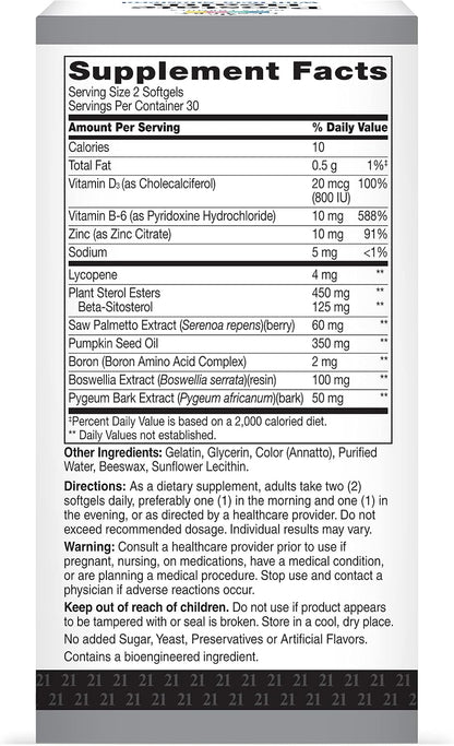 21st Century Suplemento para la Salud Prostática - Saw Palmetto, Beta-Sitosterol 125mg, Pygeum, Zinc y Vitaminas, 60 Cápsulas Blandas
