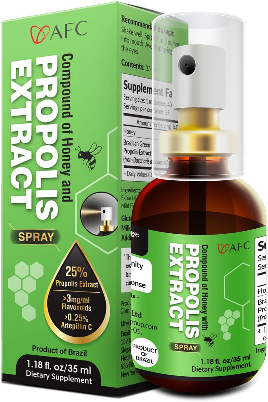 AFC Japan Brazilian Green Propolis Extract Throat Spray with Honey - 1.0 oz (30 ml) - 300+ Sprays
