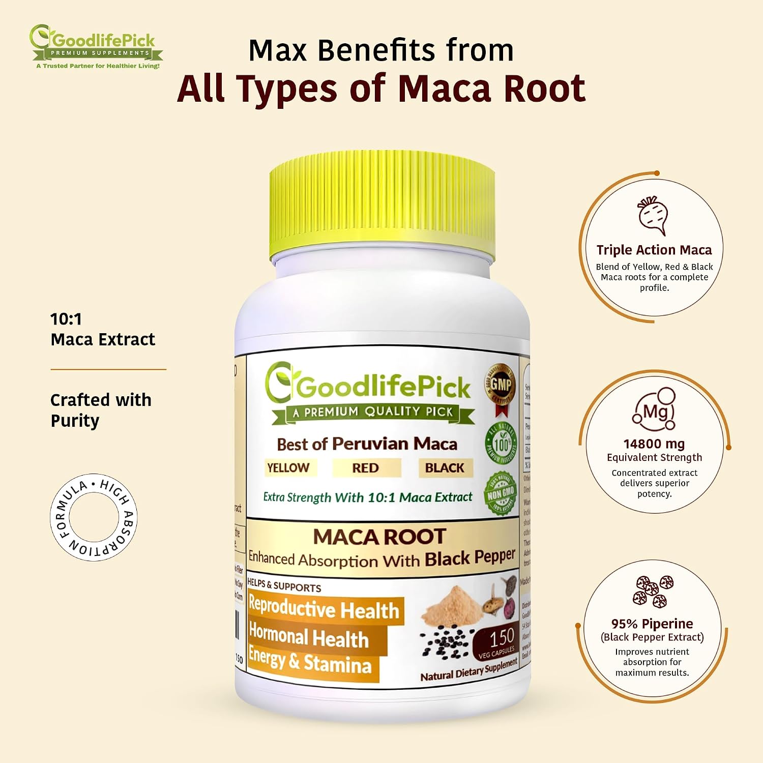Peruvian Maca Root Capsules 150 ct. Powerful Maca Blend of Yellow Red & Black Maca Root with Black Pepper. All Natural NonGMO Vegan No Stearate No Rice Powder No Silica No Filler