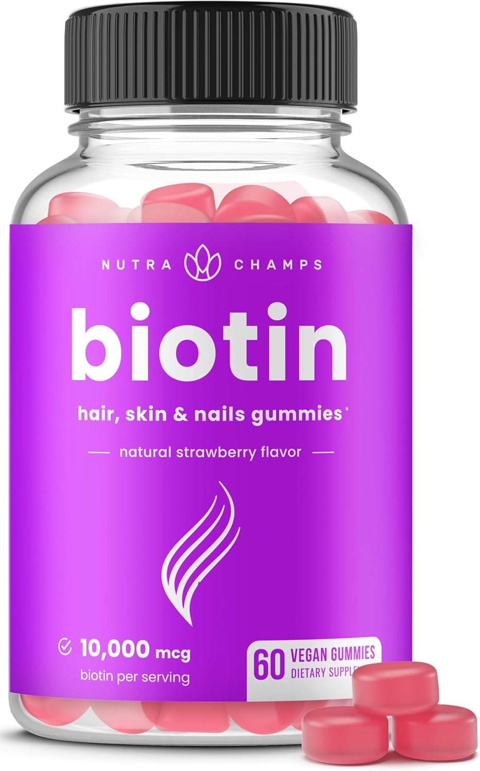 NutraChamps Biotin Gummies 10000mcg - Gominolas de Biotina para Cabello, Piel y Uñas - Vegano, Sin Gluten