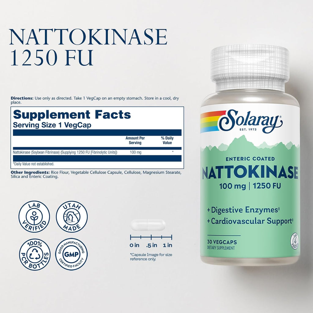 Nattokinasa 1250 FU – Solaray – Enzima digestiva para la circulación y la salud cardiovascular – 30 cápsulas veganas con recubrimiento entérico