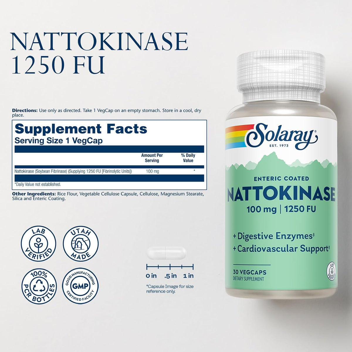 Nattokinase 1250 FU – Solaray – Enzima digestiva para circulación y salud cardiovascular – 30 Cápsulas Veganas con – Image 2