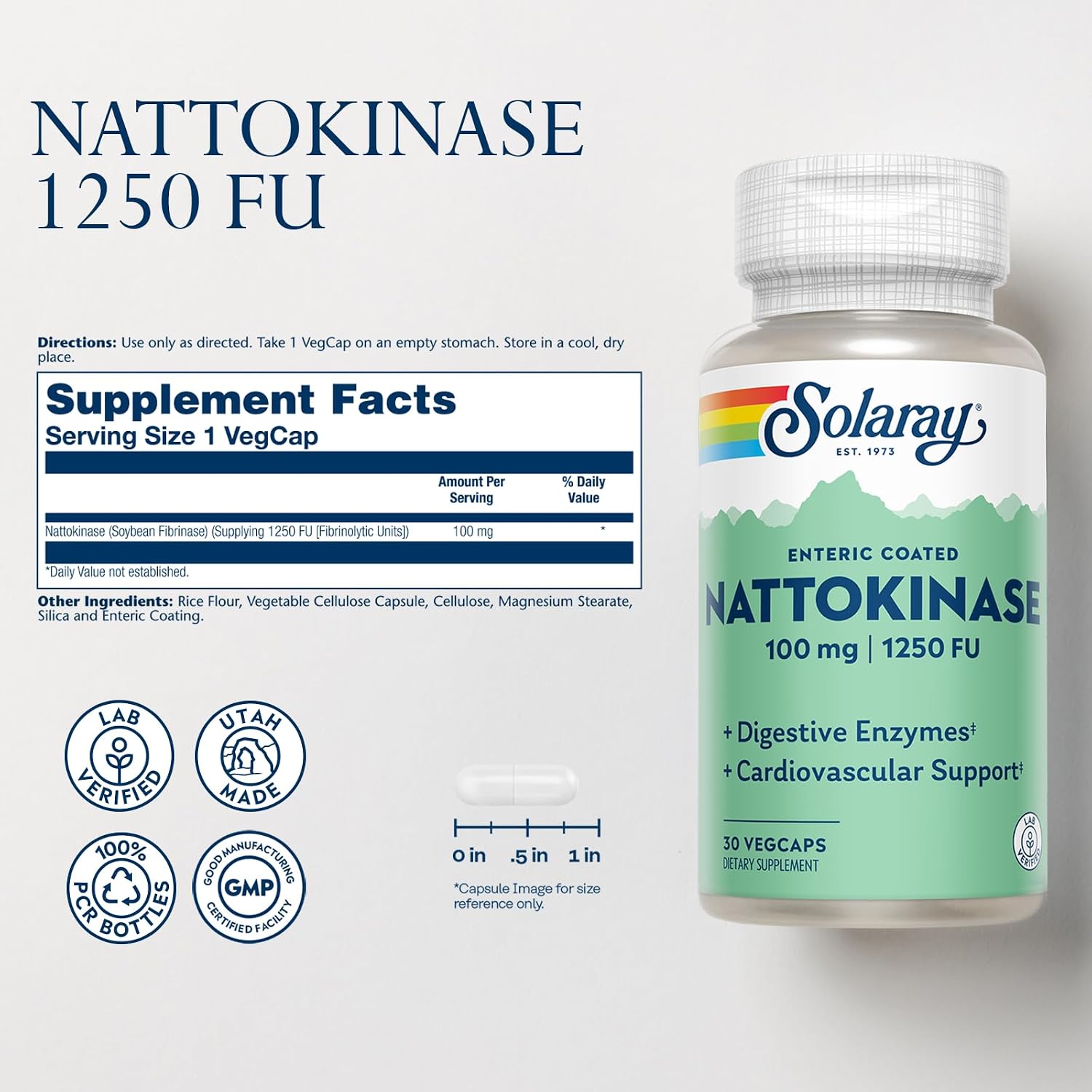 Nattokinasa 1250 FU – Solaray – Enzima digestiva para la circulación y la salud cardiovascular – 30 cápsulas veganas con recubrimiento entérico