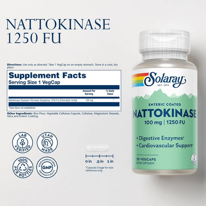 Nattokinase 1250 FU – Solaray – Enzima digestiva para circulación y salud cardiovascular – 30 Cápsulas Veganas con – Image 2
