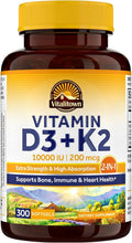 Vitalitown Vitamina D3 K2, 10000 UI D3 + 200 mcg K2 (MK-7), 300 Cápsulas Blandas