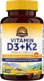 Vitalitown Vitamina D3 K2, 10000 UI D3 + 200 mcg K2 (MK-7), 300 Cápsulas Blandas