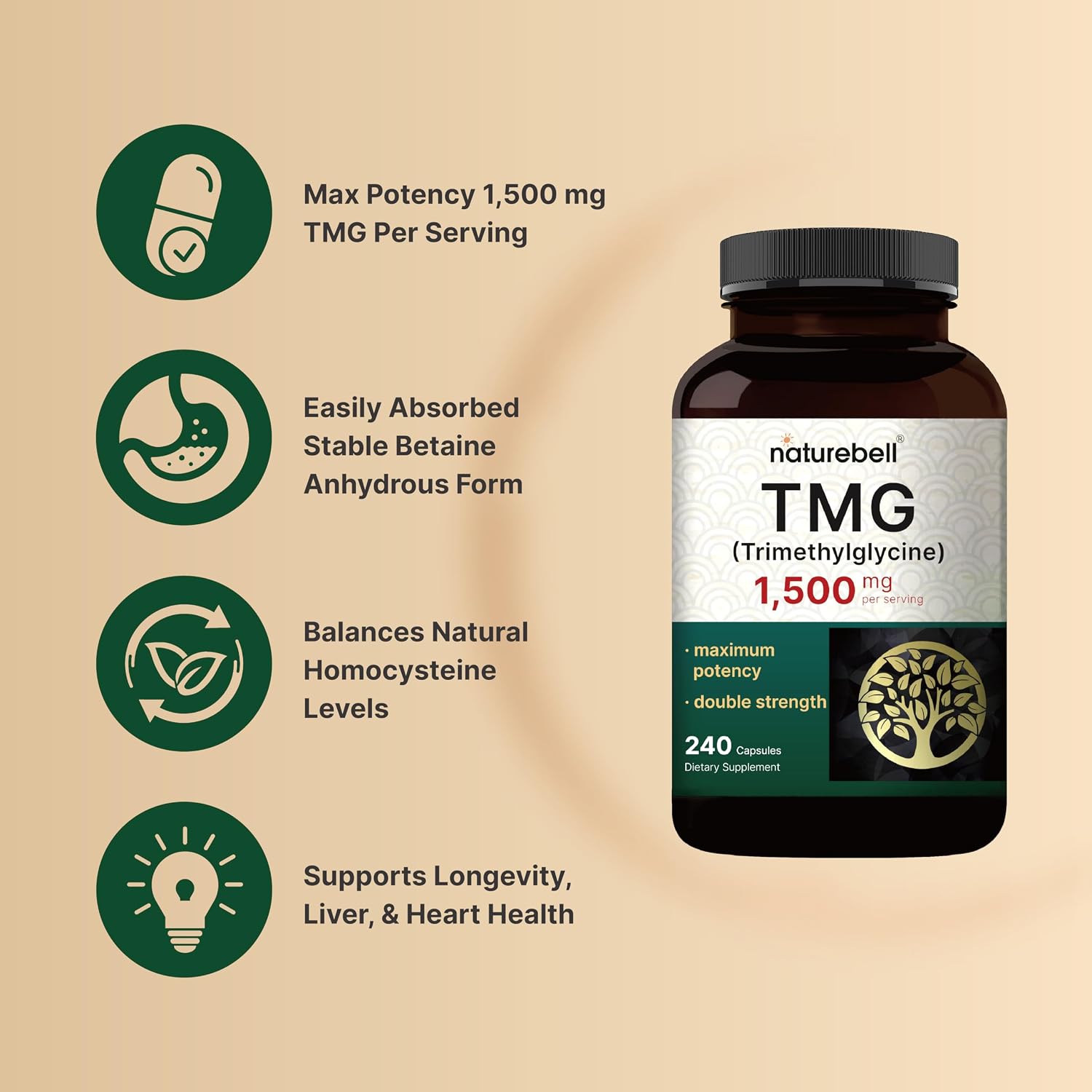 NatureBell TMG 1500mg, 240 Cápsulas - Betaina Anhidra Trimetilglicina