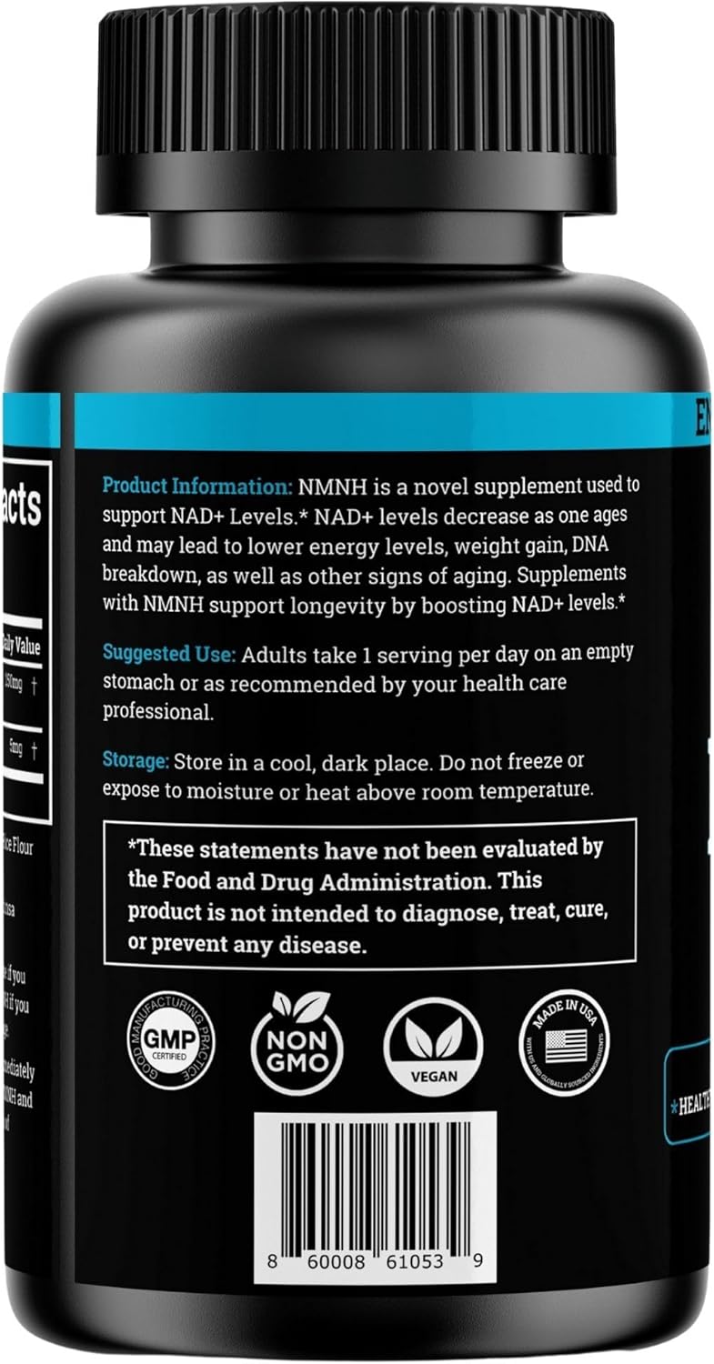 NMNH Supplement 250mg - DiHidro-Nicotinamida Mononucleótido Puro con Bioperine® (Alternativa NMN para Aumentar NAD+)