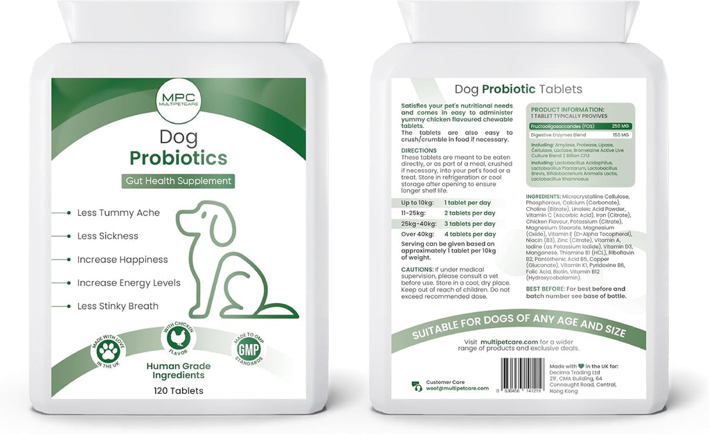 Multipetcare Probióticos para Perros – 5 Cepas, 2 Mil Millones UFC + Enzimas Digestivas y Prebióticos | Salud Digestiva, Heces Firmes, Menos Gases | con Vitaminas del Grupo B | Sabor a Pollo | 120 Comprimidos