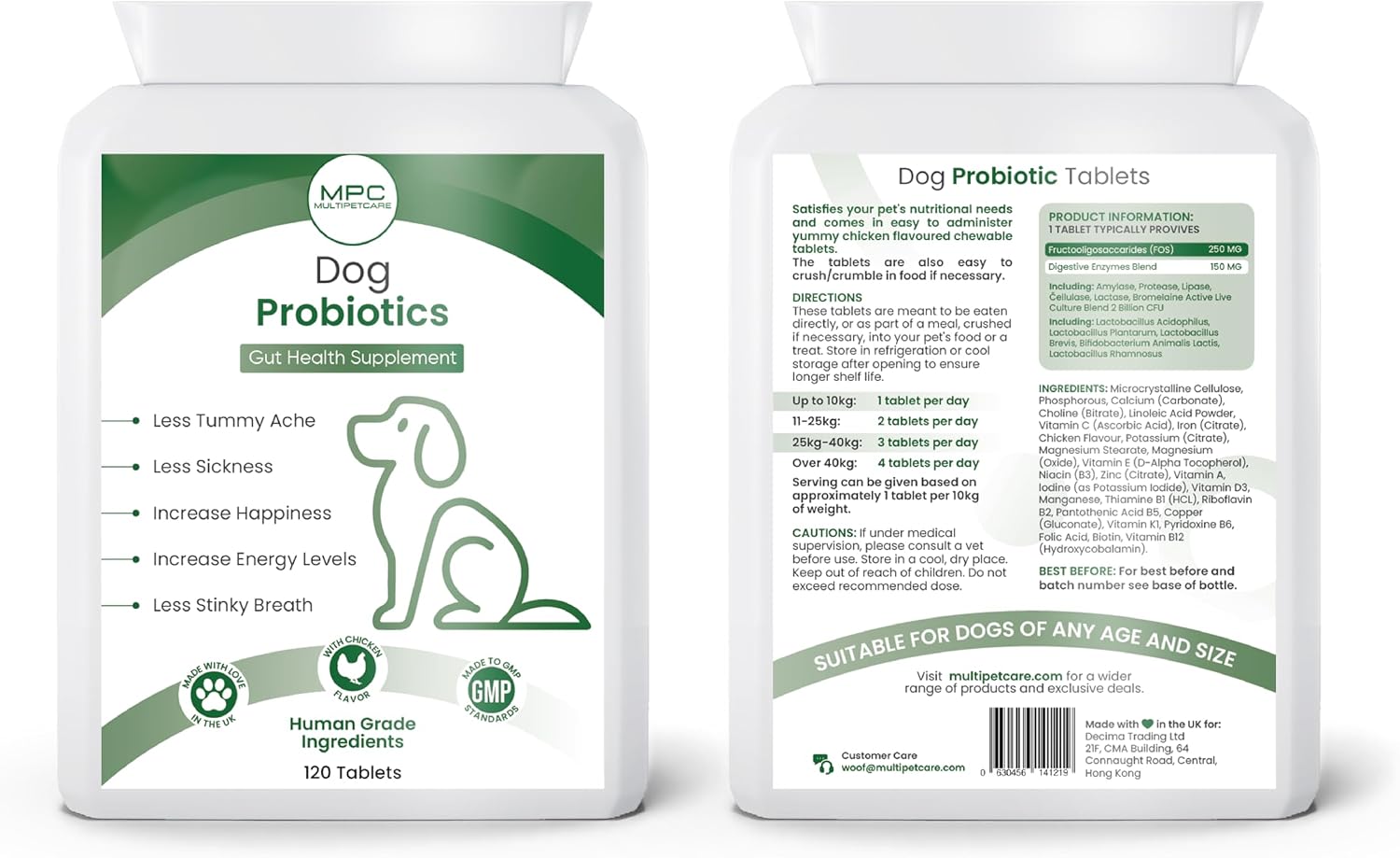 Multipetcare Probióticos para Perros – 5 Cepas, 2 Mil Millones UFC + Enzimas Digestivas y Prebióticos | Salud Digestiva, Heces Firmes, Menos Gases | con Vitaminas del Grupo B | Sabor a Pollo | 120 Comprimidos