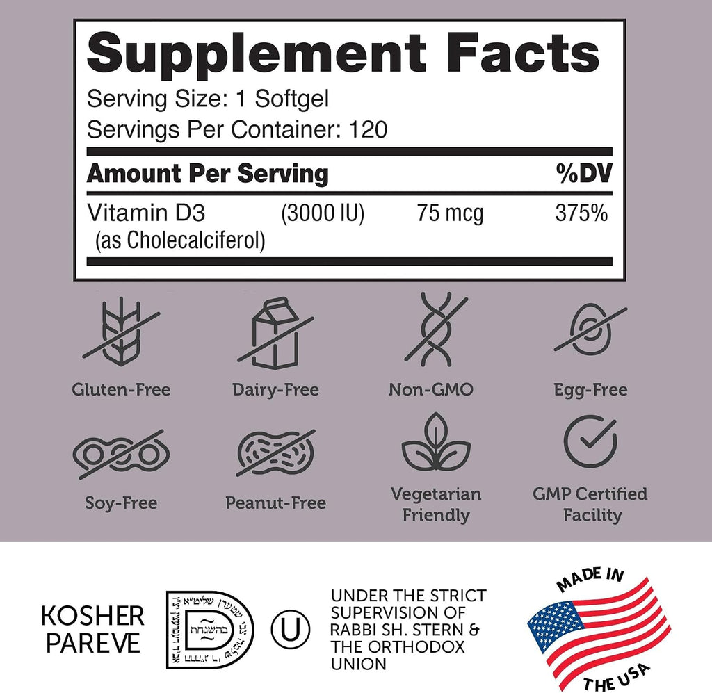 Zahler Vitamin D3 3000 IU – 120 Softgels – Bone, Muscle, & Immunity Supplement