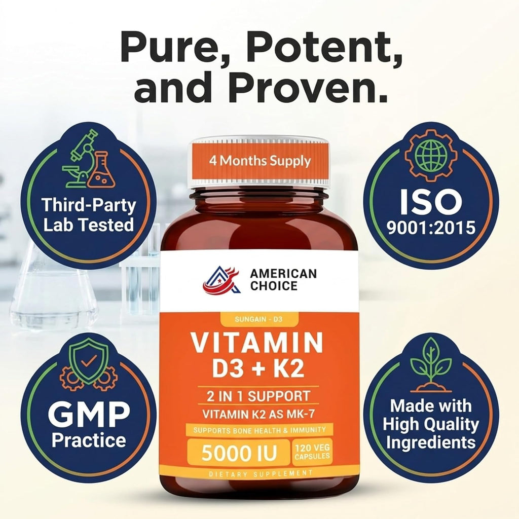 American Choice Vitamina D3 5000 UI + K2 (MK-7) 100 mcg – 120 Cápsulas