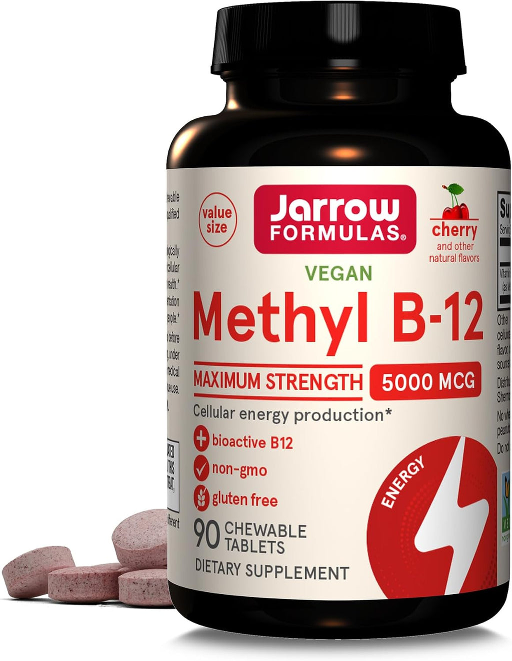 Jarrow Formulas Vitamina B12 5000 mcg - Metilcobalamina Activa, 90 Comprimidos Masticables Sabor Cereza