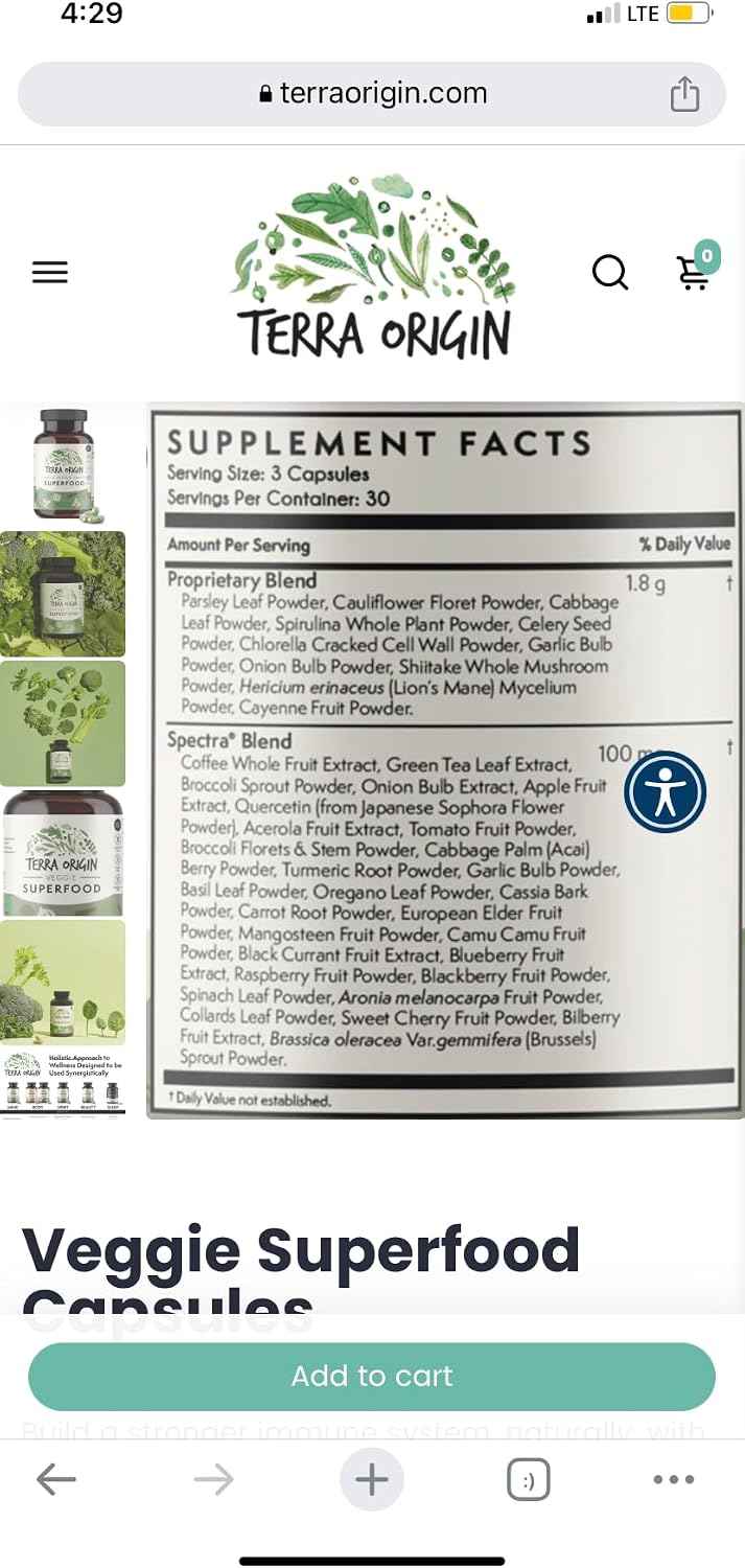 TERRA ORIGIN Veggie Superfood Supplement - 90 Cápsulas Vegetales