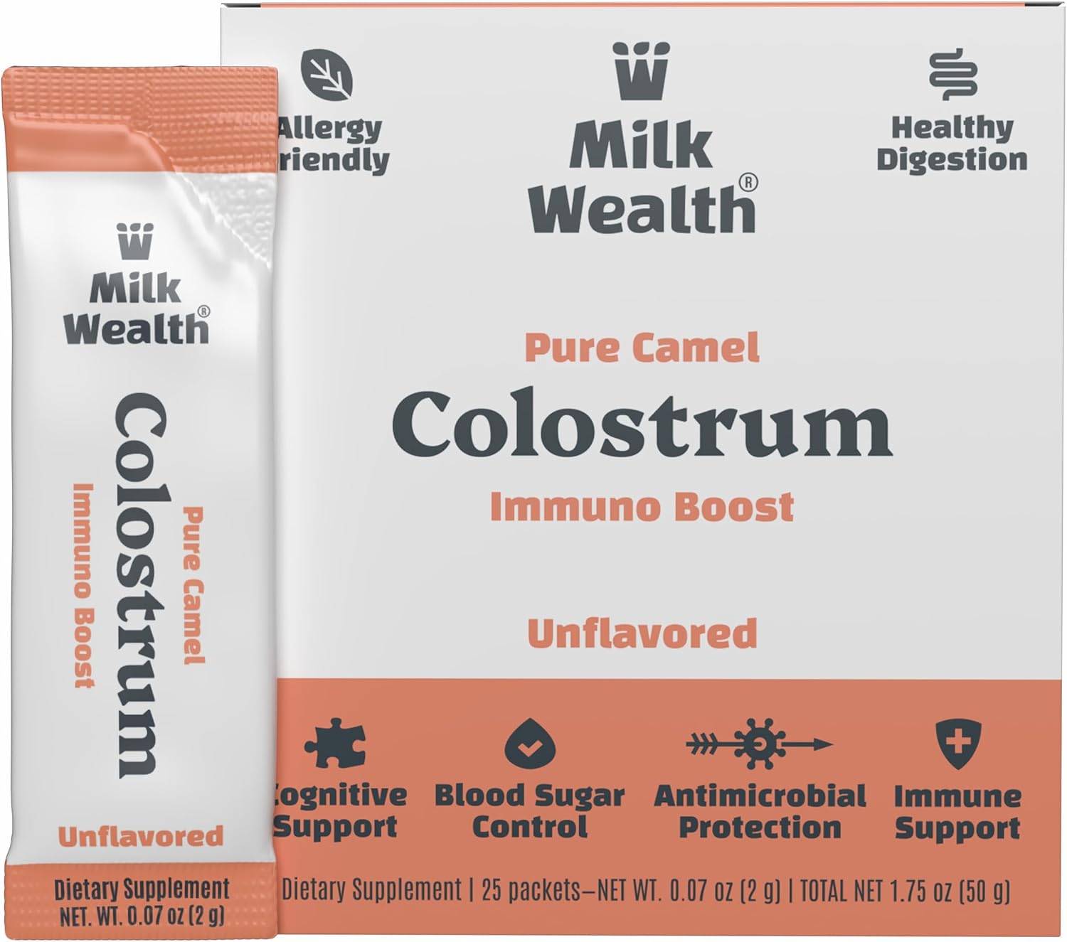 Milk Wealth™ Calostro Bovino en Polvo 50g | Liofilizado con IgG Natural | Apoyo Inmunitario y Salud Intestinal | Pasto Alimentado y Sin Sabor | No Transgénico y Sin Gluten | 25 Sobres Individuales (2g Cada Uno)