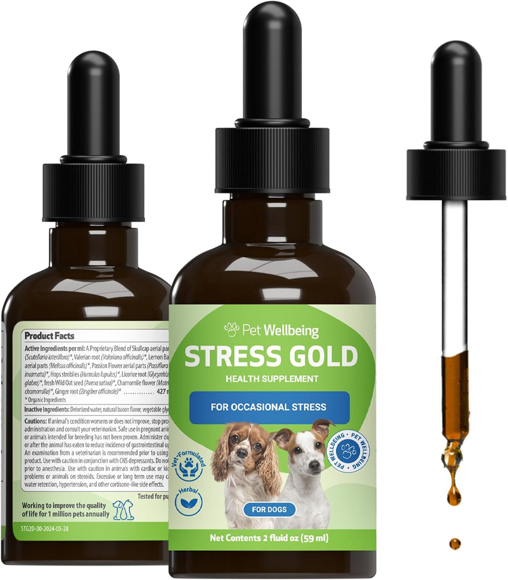 Pet Wellbeing Stress Gold para Perros - Fórmula Líquida Holística para el Estrés Situacional (60 ml)