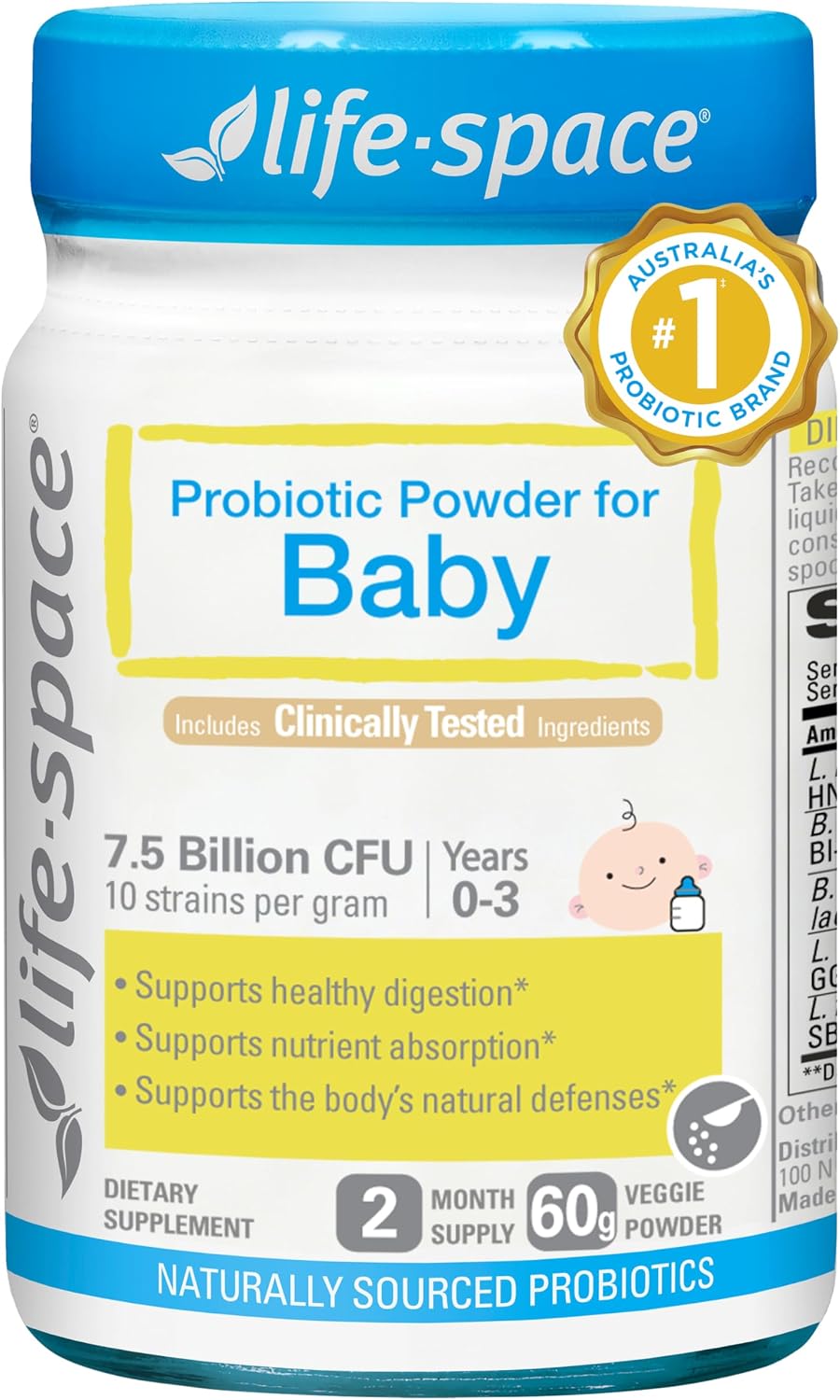 Life-Space Probiótico en Polvo para Bebés de 0 a 36 meses, 60g, 7.5 mil millones de UFC, Cepas Múltiples, Sin Refrigeración