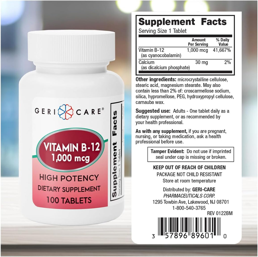 GeriCare Vitamina B12 1000mcg - 100 Comprimidos para Energía y Sistema Nervioso