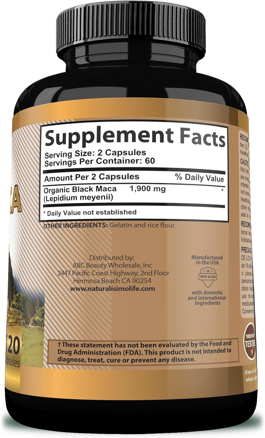 Maca Negra Orgánica 1.900 mg por Ración - Energía Natural Peruana - 120 Cápsulas