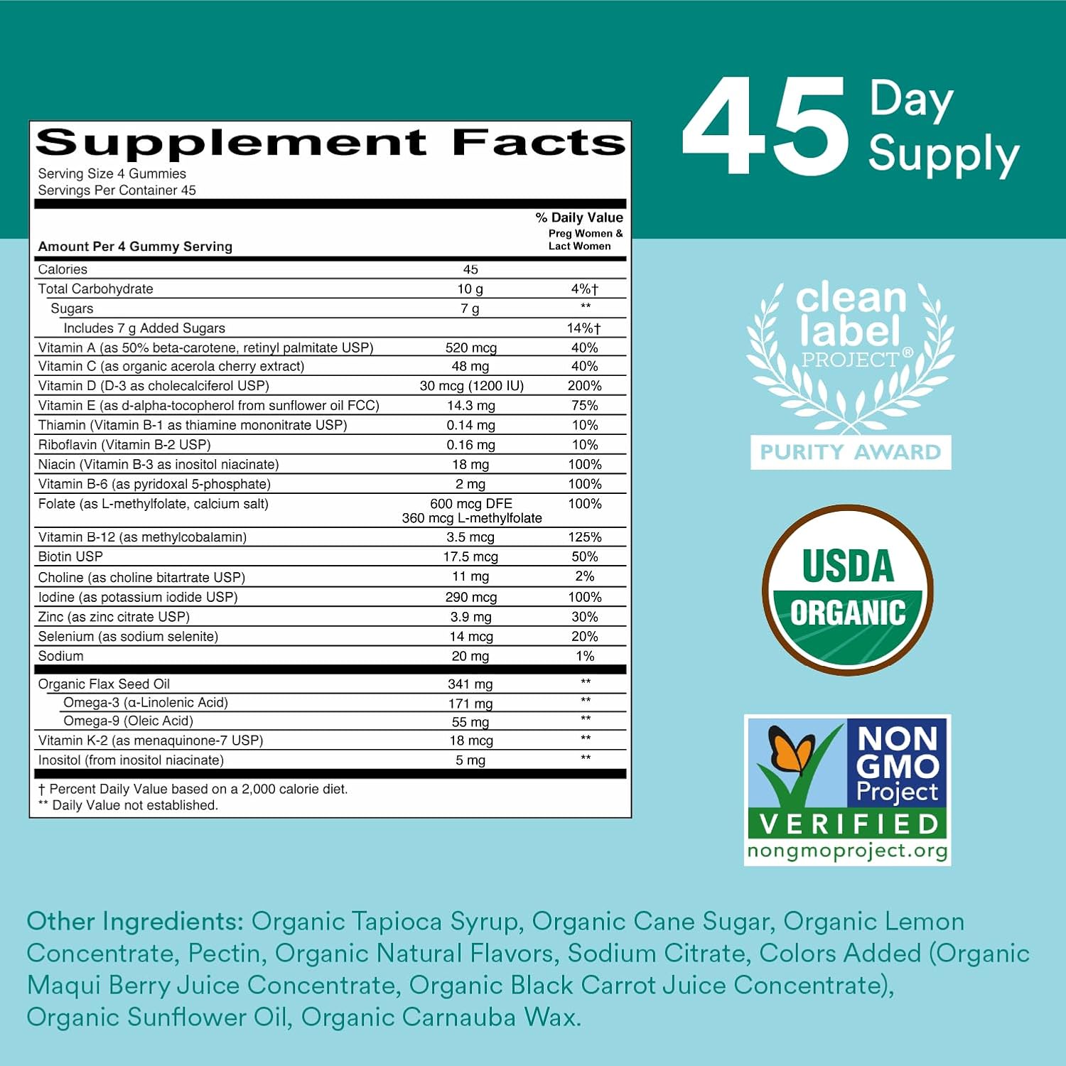 SmartyPants Vitaminas Prenatales Orgánicas, Gominolas Multivitamínicas: Biotina, Metilfolato, Omega 3 (ALA), Vitamina D3, C, B12, B6, A, K2 y Zinc, Colina, Vegetariano, 180 unidades (45 días)