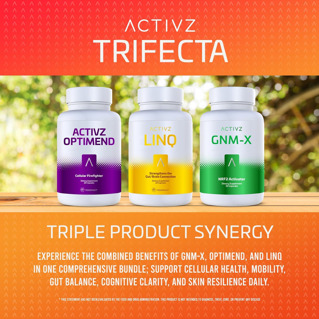 ACTIVZ - Trifecta - GNM-X, Optimend, LINQ - Apoyo Nrf2, flexibilidad, función cerebral e intestinal, sistema inmunitario, piel y células - 3 Pack