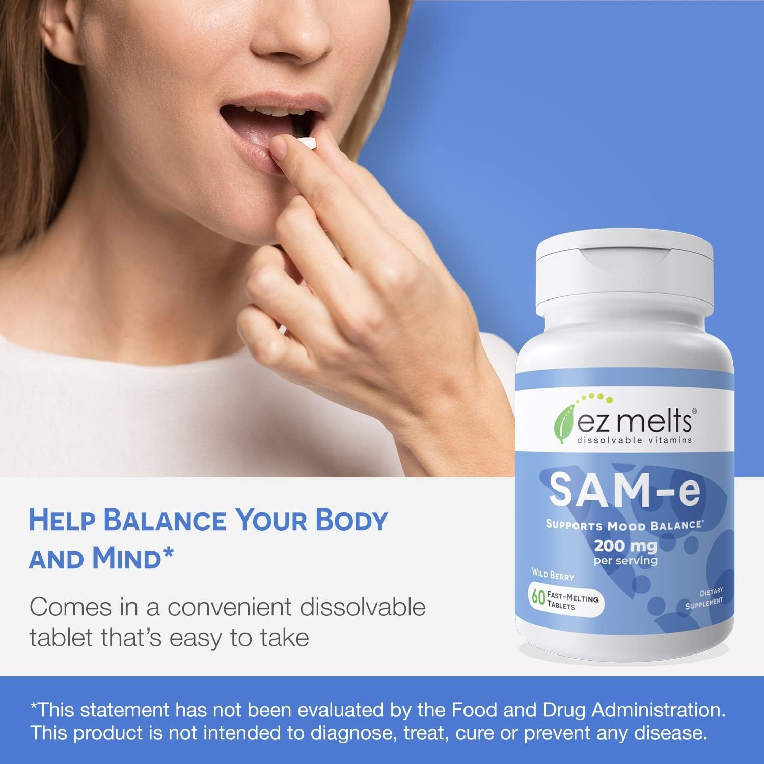 EZ Melts SAM-e Supplement 200 mg, Dissolvable Tablets, Sugar-Free, 1 Month