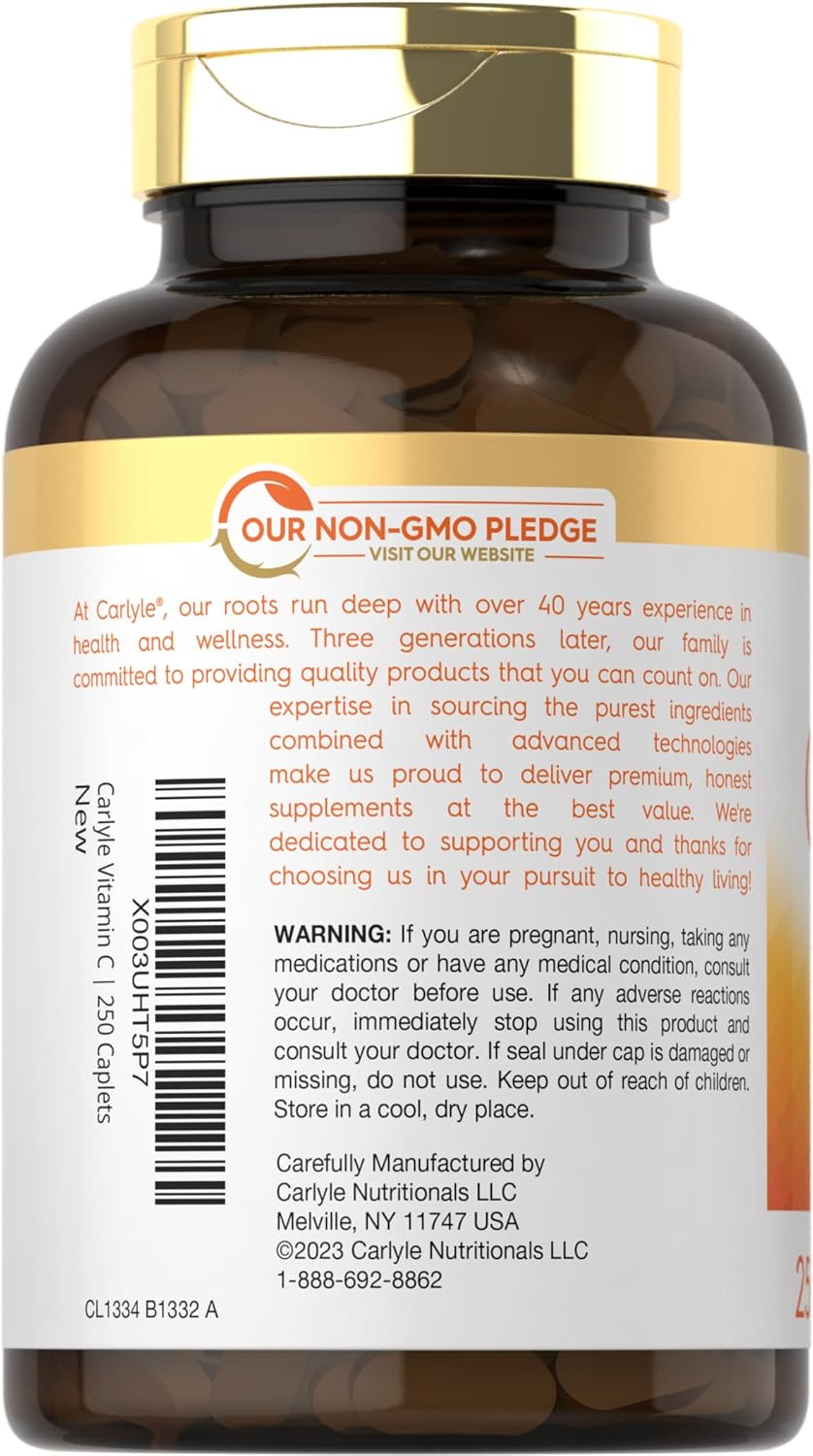 Carlyle Vitamina C 1000mg con Escaramujo y Bioflavonoides Cítricos | 250 Comprimidos Recubiertos | Vegetariano, No-GMO, Sin Gluten