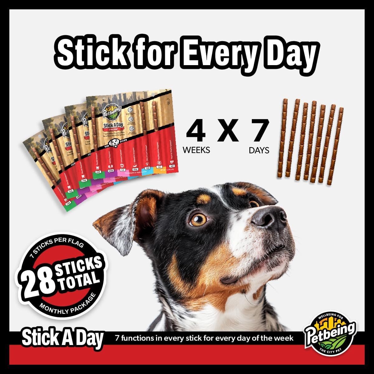 PETBEING Stick a Day para Perros - Snacks Diarios con Sabor a Pollo Real y Apoyo 7 en 1 - 28 unidades