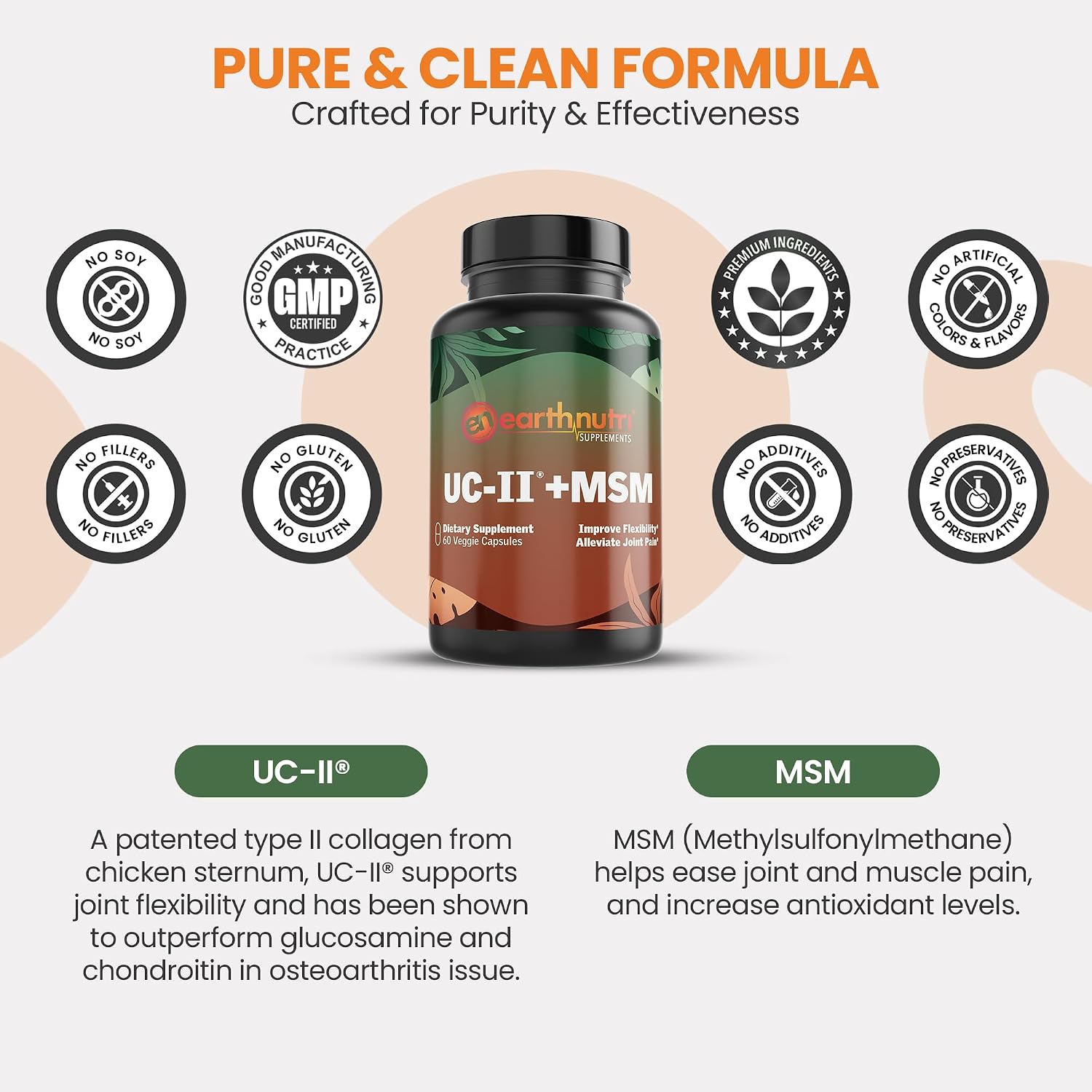 EarthNutri UC-II Colágeno y MSM - Complemento Articular, 60 Cápsulas