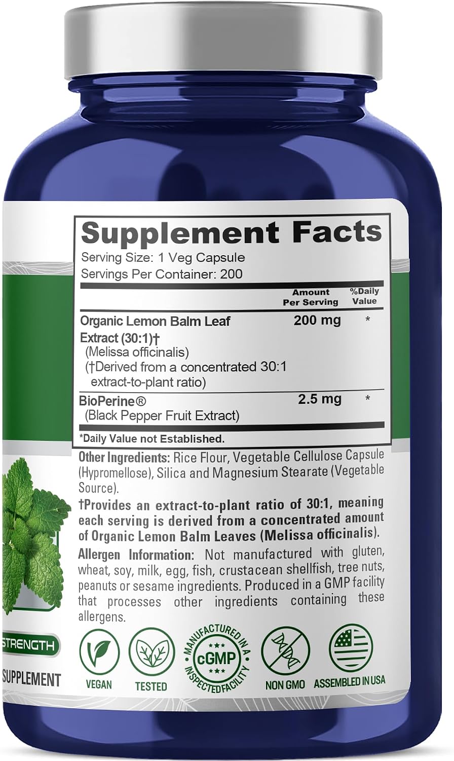 NusaPure Cápsulas de Melisa, 200 mg, 200 Cápsulas Veganas (No GMO, Vegano)
