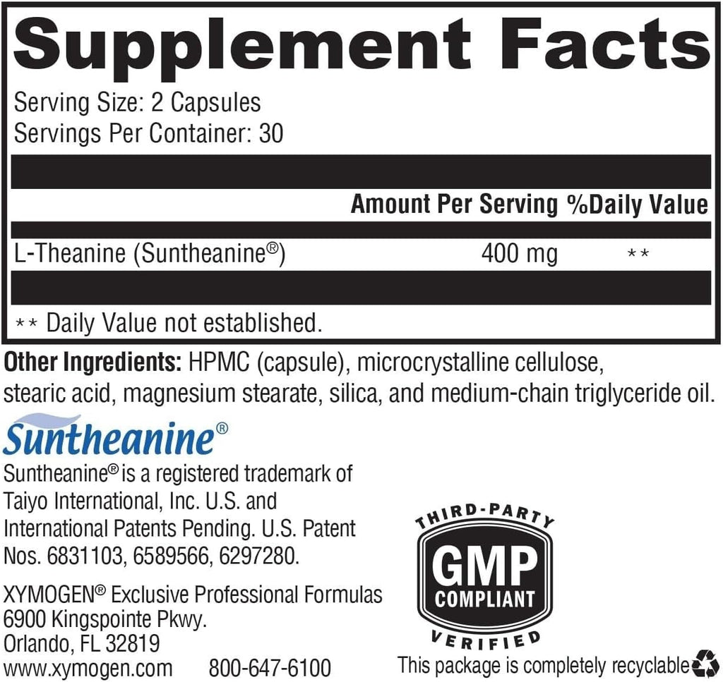 XYMOGEN L-Theanine - 400 mg as Suntheanine - Relaxation, Focus, and Stress - Non-Drowsy - 60 Capsules