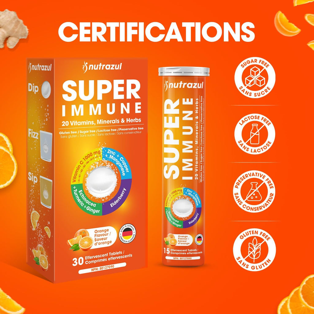 nutrazul Super Immune 30 comprimidos efervescentes – 20 vitaminas y minerales, extractos de saúco y equinácea, Vitamina C, Zinc, sin gluten, sin azúcar, sabor naranja