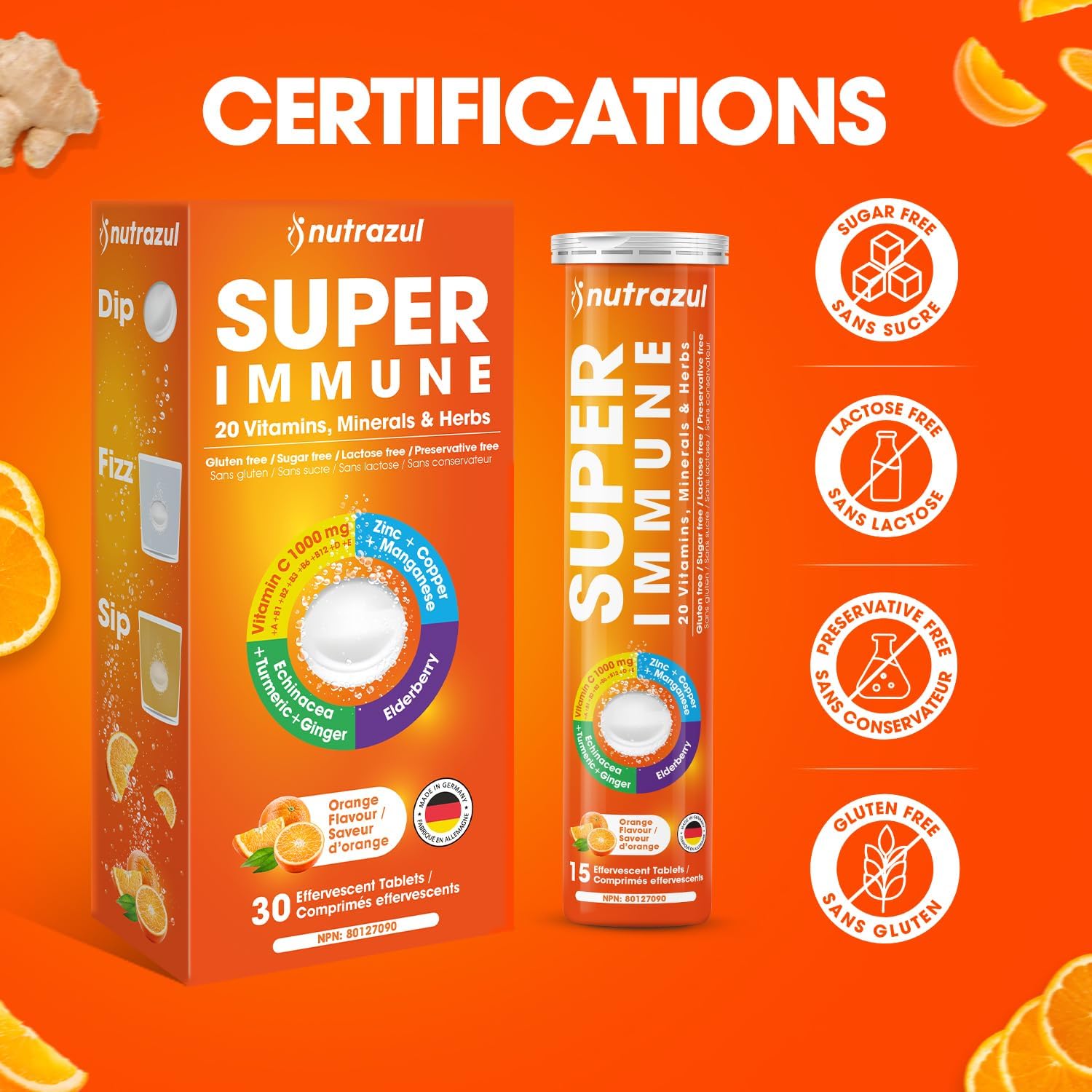 nutrazul Super Immune 30 comprimidos efervescentes – 20 vitaminas y minerales, extractos de saúco y equinácea, Vitamina C, Zinc, sin gluten, sin azúcar, sabor naranja